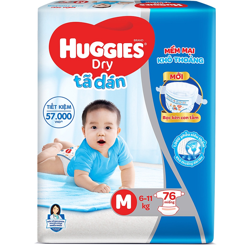 [tặng thêm miếng BỈM HUGGIES TÃ DÁN M76  (76 miếng) tặng thêm 10 miếng mẫu mới bọc kén con tằm