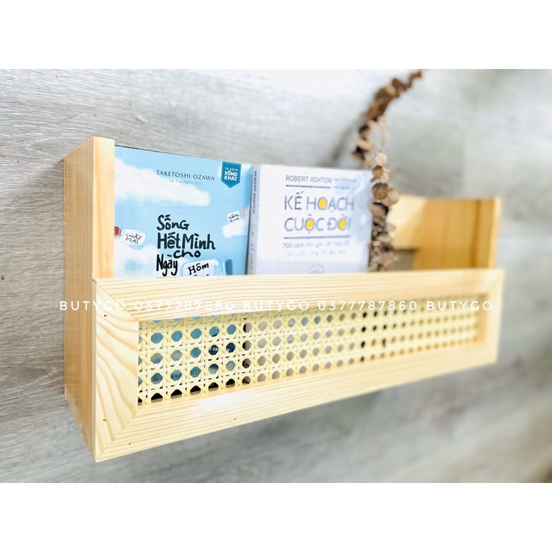 Kệ sách treo tường 💥 CAO CẤP 💥 Kệ trang trí phòng trọ phòng ngủ thiết kế phối lưới mây mắt cáo Butygo