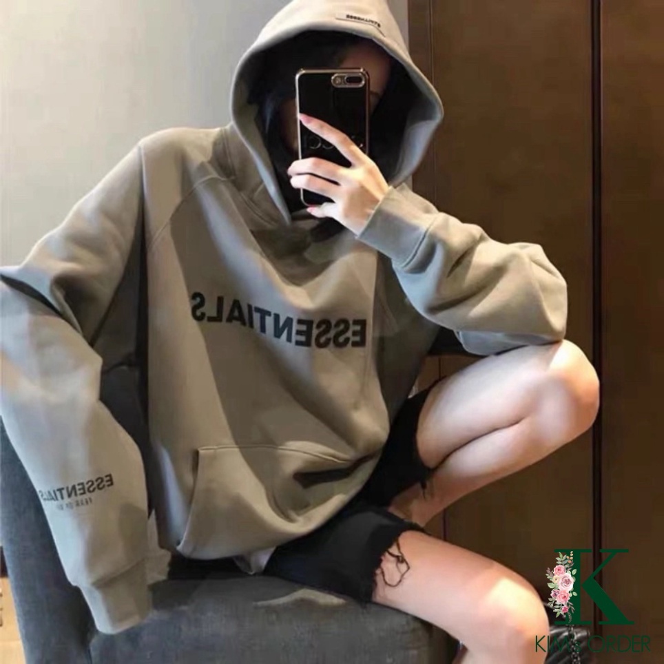 Áo hoodie Unisex chữ ESSENTIALS màu đen trắng be xám đậm chất nỉ bông có mũ dài tay phong cách Ulzzang form rộng LK1 G22