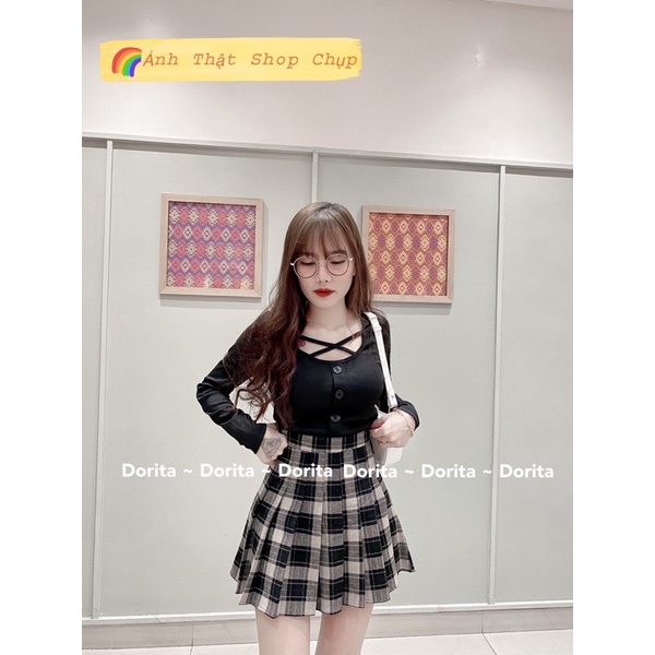 Áo trễ vai kẻ Caro Hàn Quốc, Áo trễ vai Caro siêu xinh - Dorita Boutique