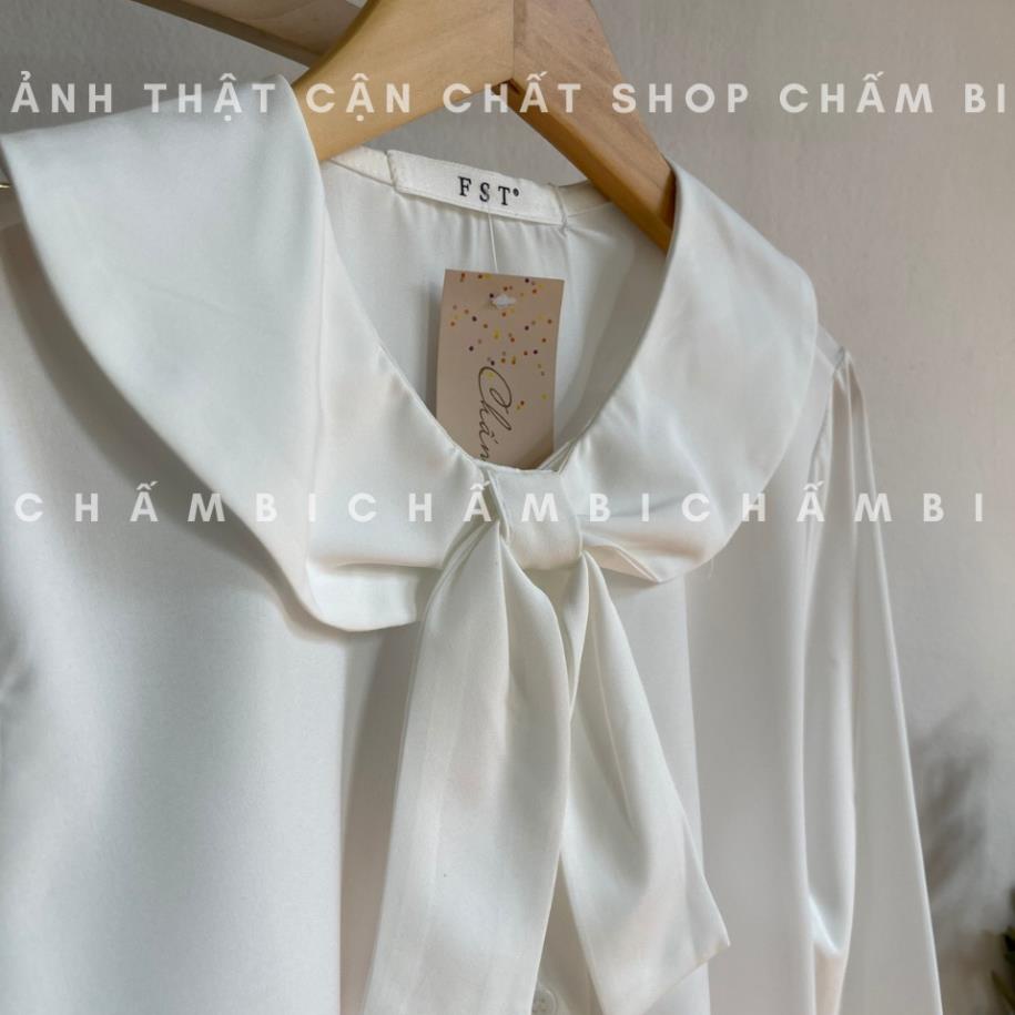 Áo kiểu nữ đẹp A.247, Áo sơ mi trắng tay bo chun cổ sen thắt nơ chéo phong cách Hàn Quốc