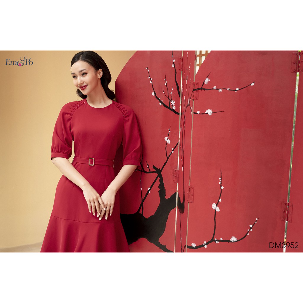 Đầm ôm A đuôi cá Emspo vai đính hạt, đai eo rời DM3952