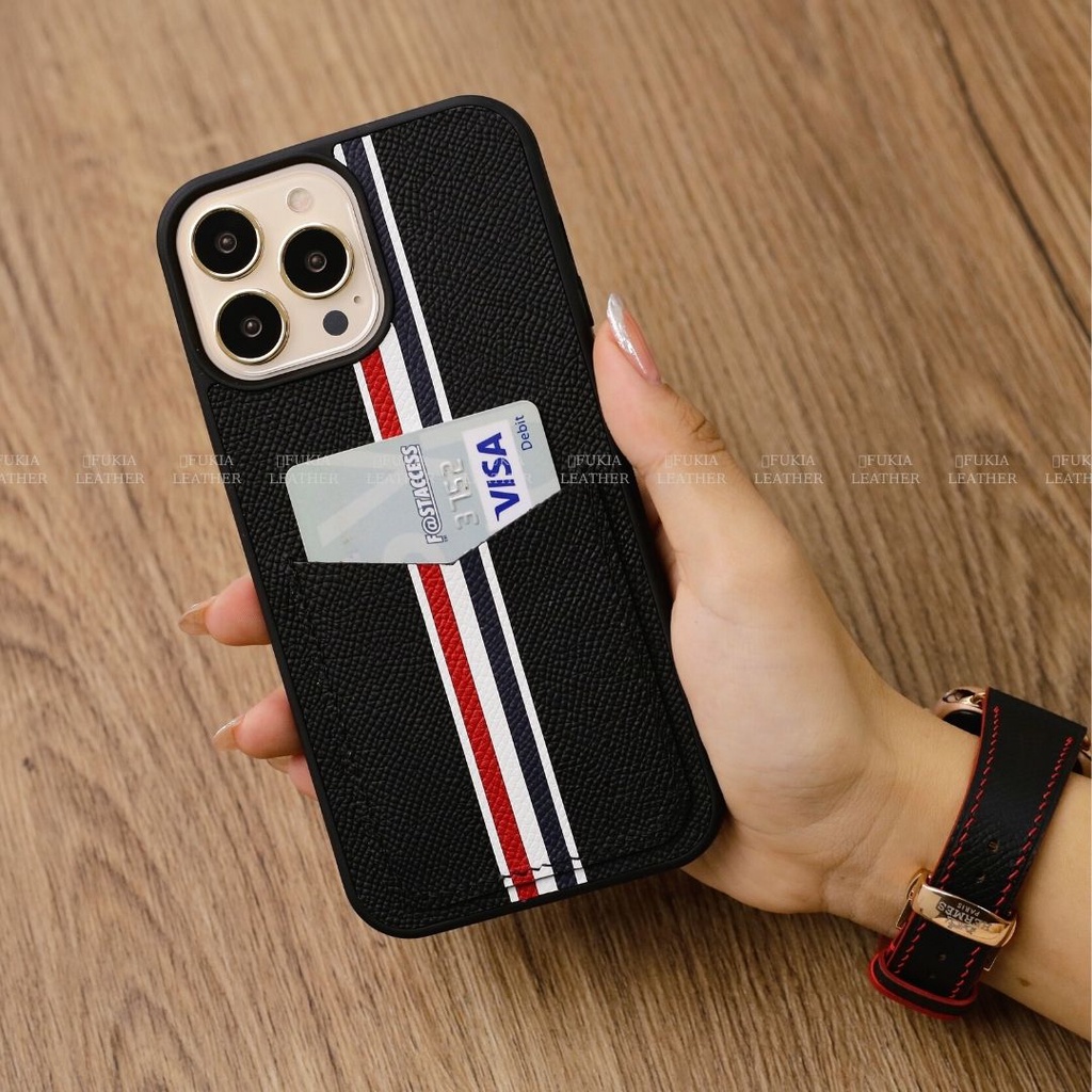 Ốp da thủ công viền đen Epsom khe thẻ TB cho IPhone 14/14Plus/14Pro/14Promax/13/13Pro/13Promax/12/12Pro/12Promax ODTC113
