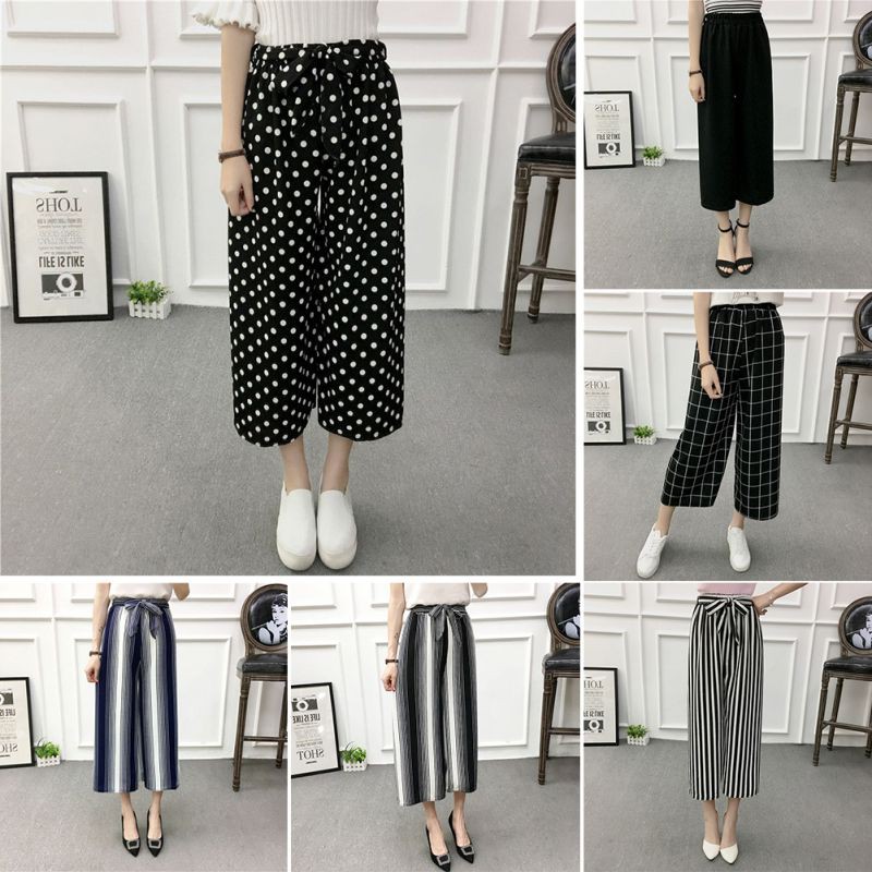 [Baywellfashion]Quần ống rộng kẻ sọc xẻ tà thanh lịch cho nữ