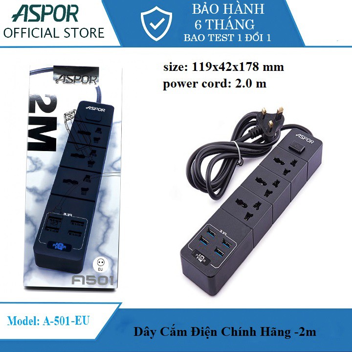 Ổ cắm điện thông minh Aspor A501 (EU) /Hỗ trợ sạc nhanh 3.1A Với 4 Cổng USB chuẩn