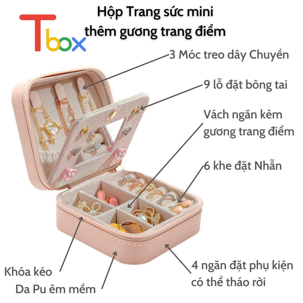 Hộp đựng trang sức mini nhiều ngăn để bông tai Nhẫn và dây chuyền Hộp nữ trang có khóa kéo màu sắc tinh tế