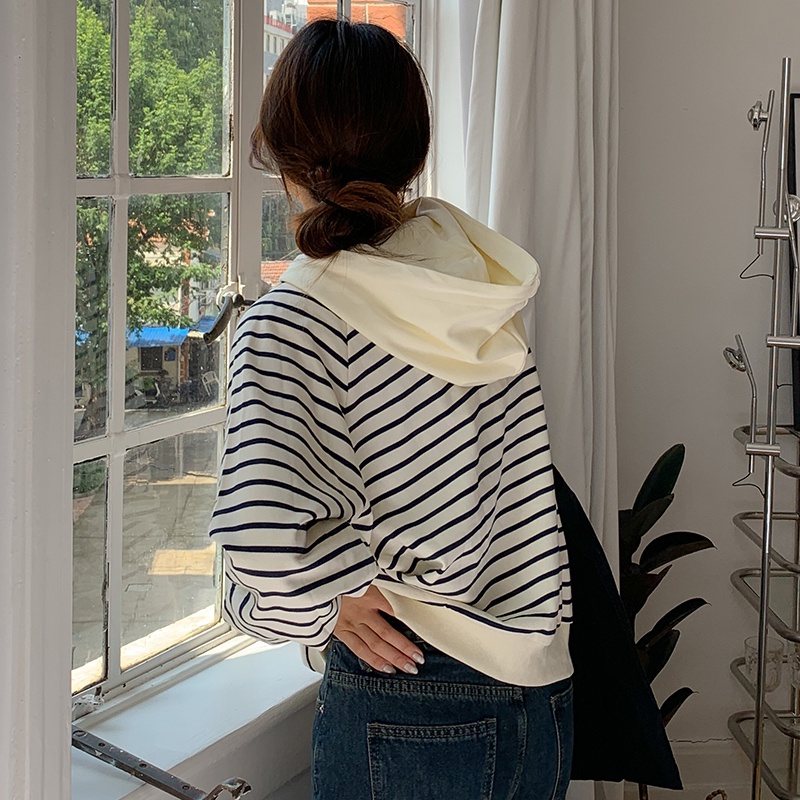 Áo hoodies SUXI tay dài hoạ tiết kẻ sọc màu tương phản cho nữ