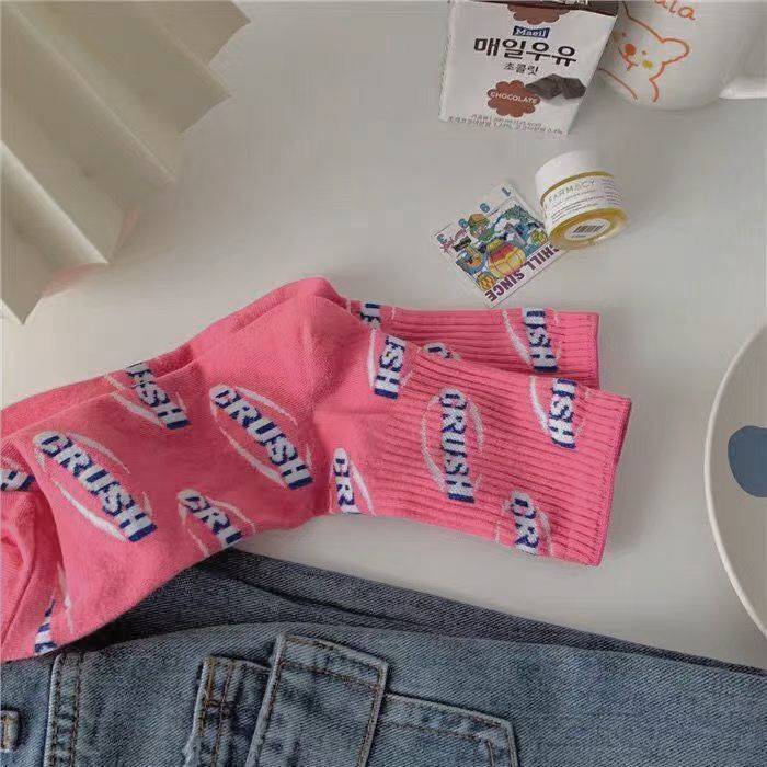 Vớ Thể Thao Cổ Cao Màu Dạ Quang In Chữ Phong Cách Nhật Hàn Thời Trang Xuân Hè