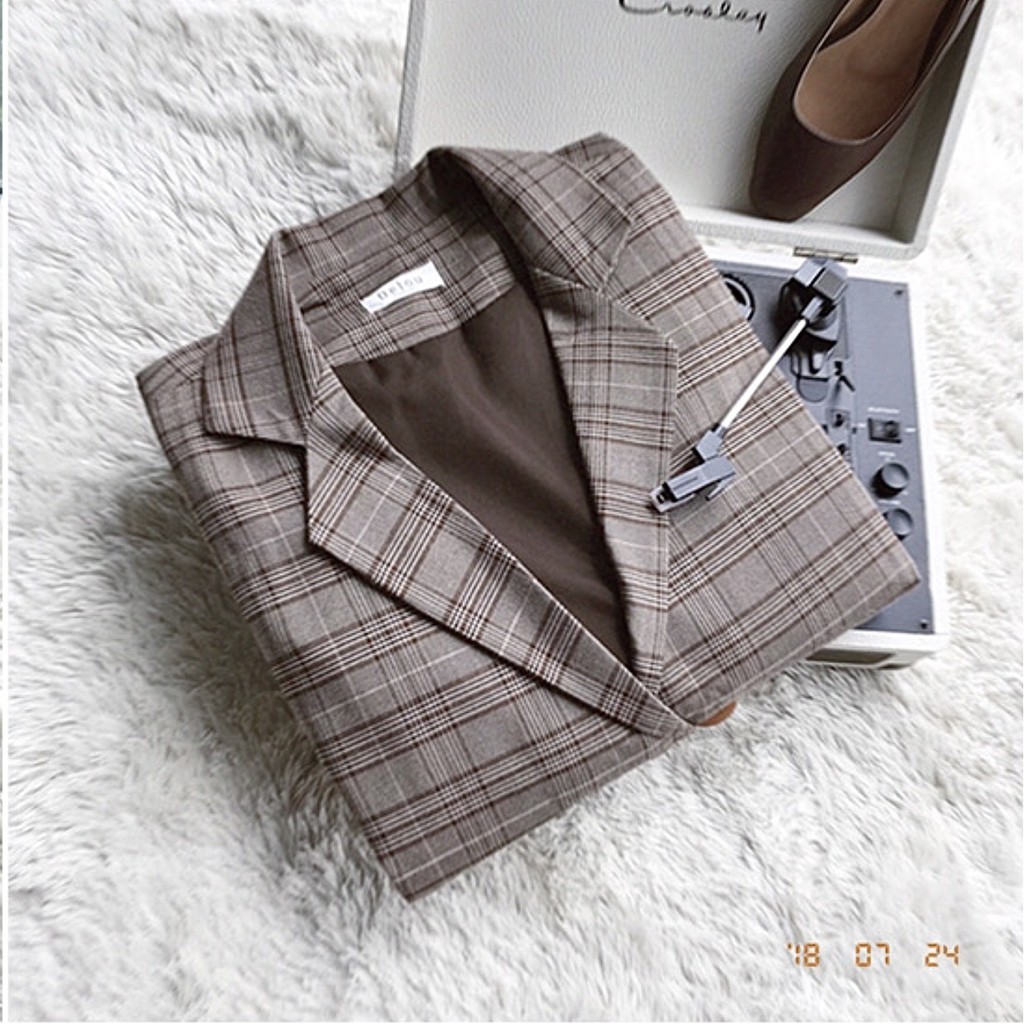 [Ảnh thật] Áo blazer kẻ nâu caro 2 lớp túi nắp dáng rộng ulzzang