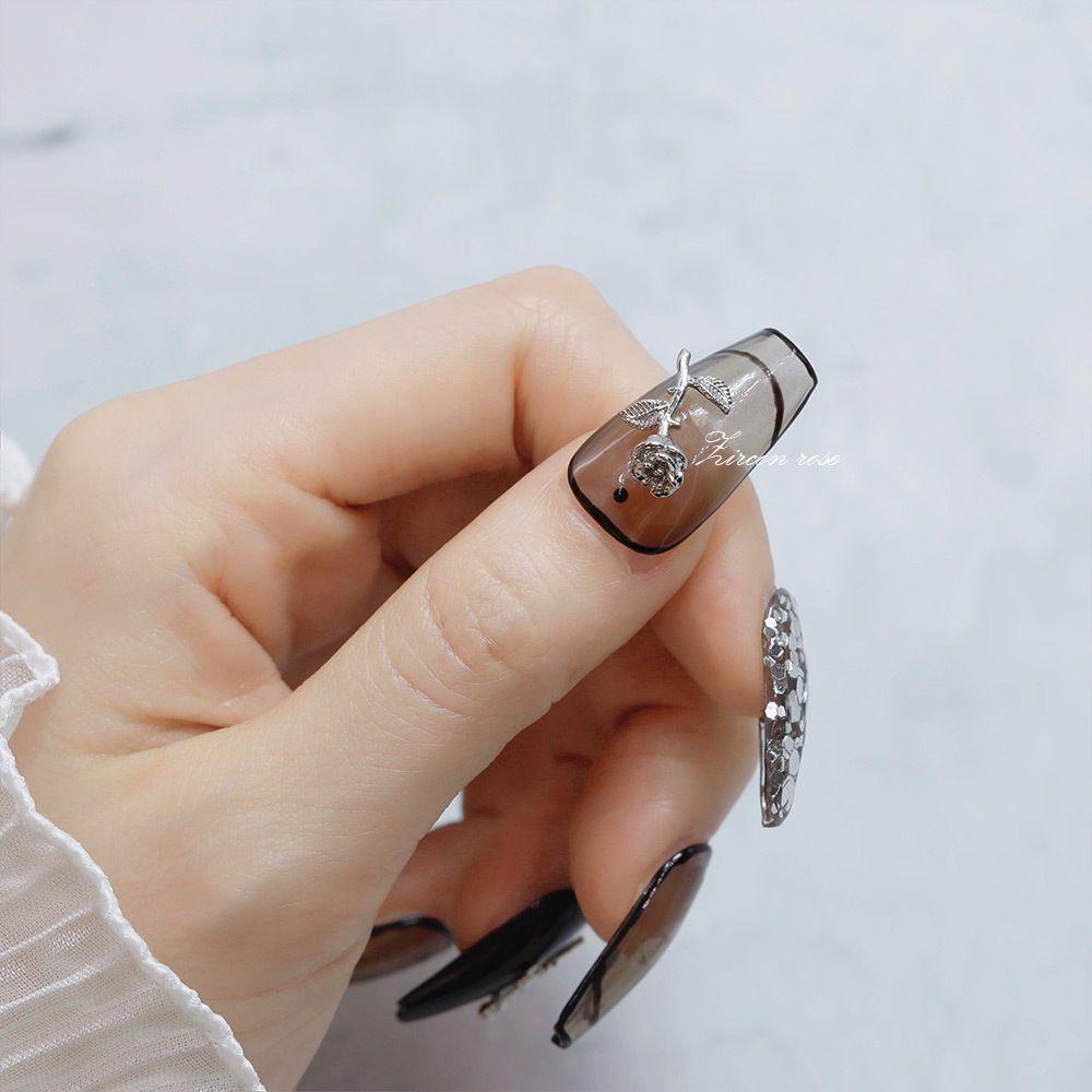 Set 10 Móng Tay Giả Nghệ Thuật Heceh|Phụ Kiện Trang Trí Móng Tay Hình Hoa Hồng 3D Xinh Xắn|Phụ Kiện Trang Trí Móng Tay Bằng Kim Loại Xinh Xắn