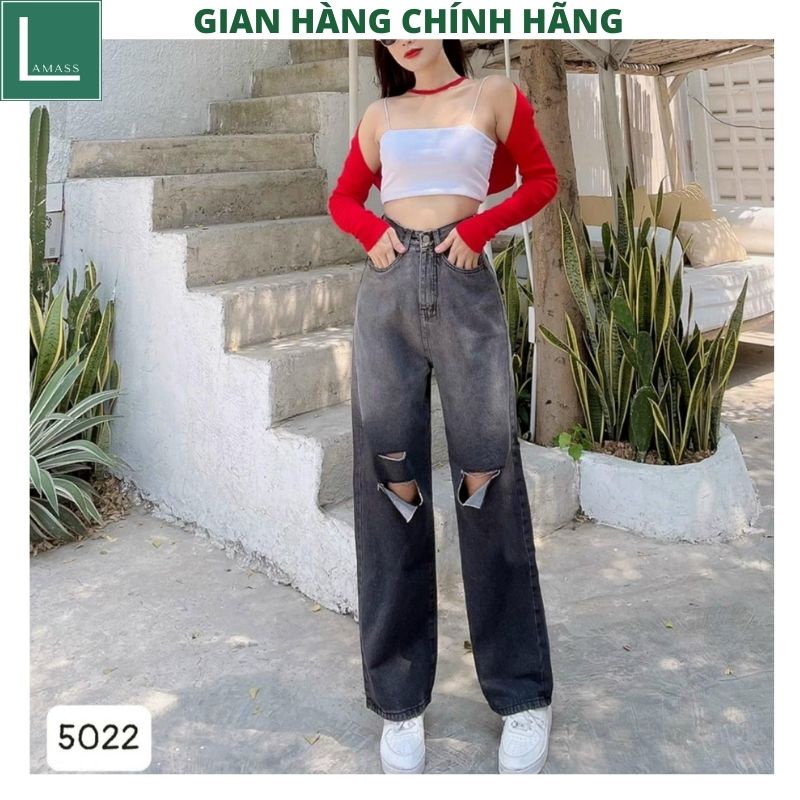 Quần bò ống rộng nữ cạp cao loang mầu xám khói rách 2 gối ,quần jeans dáng suông ulzzang -LAMASS