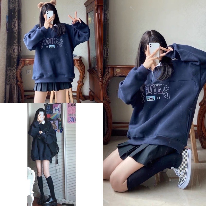 Áo Sweater Có Cổ Xanh Đen Áo Sweater Chất Nỉ Ngoại Dày Dặn Form Rộng Freesize 38-70kg [Video + Ảnh Thật]