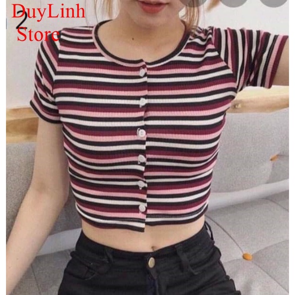 Áo croptop nhiều nút sọc cầu vồng