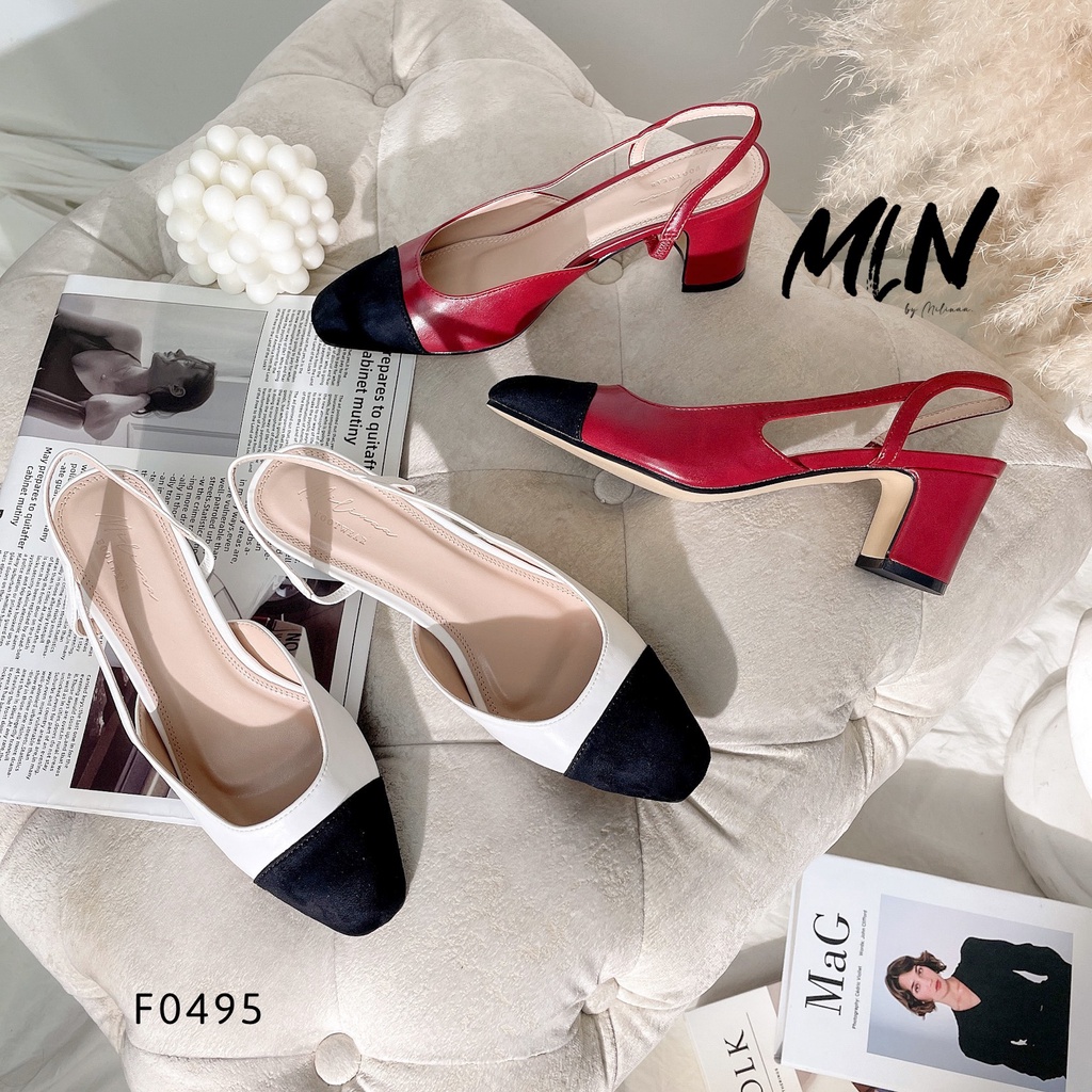 GIÀY CAO GÓT NỮ SLINGBACK GÓT VUÔNG 5P BÍT PHỐI MŨI HẬU THUN DA MỀM F0495