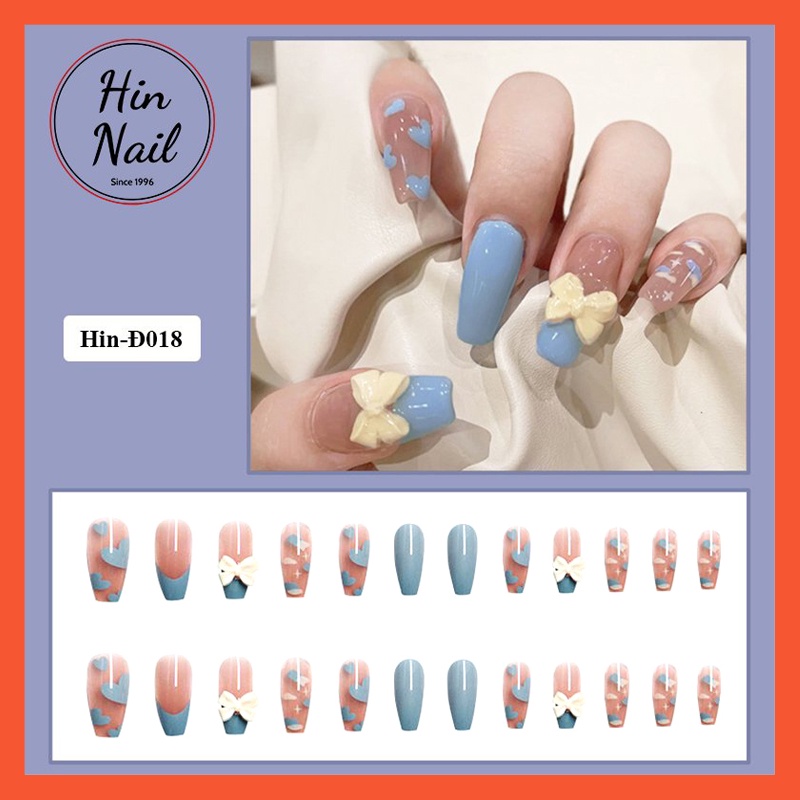 móng giả đính đá Hin Nail tông màu xanh form dài đính nơ