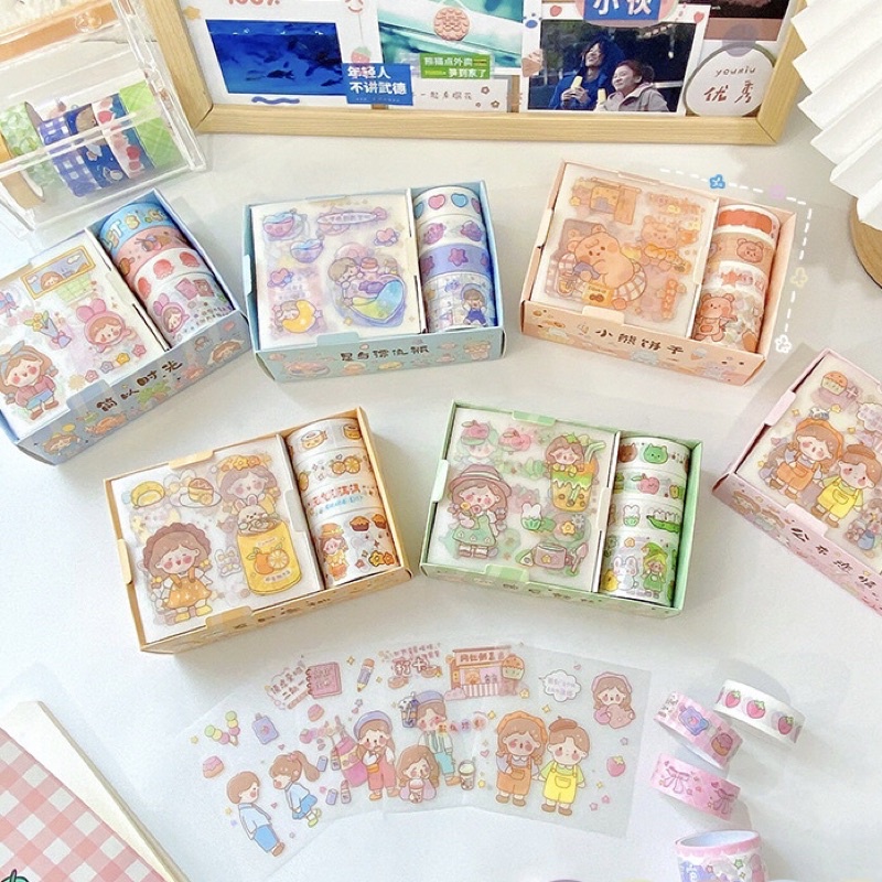 Hộp 4 cuộn washi tape + 4 tấm sticker nhiều hình cute dễ thương, băng dính washi tape