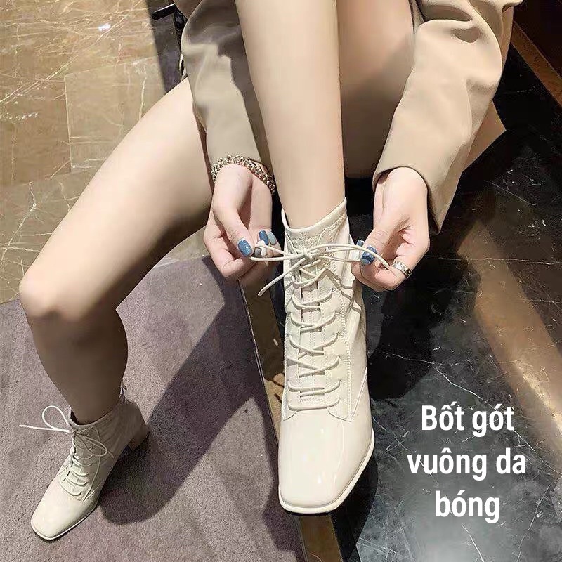 Giày boots nữ gót vuông da bóng thời trang , bốt nữ cao gót da sịn 2 màu siêu xinh