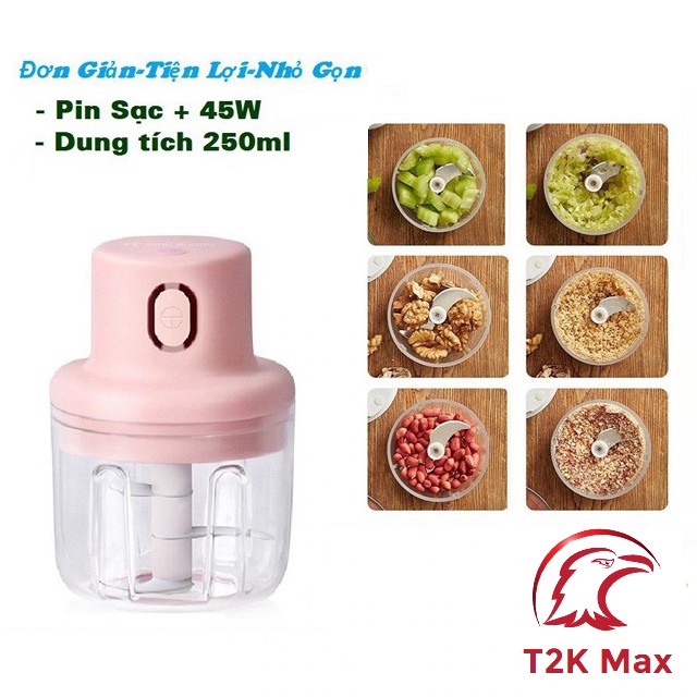 Máy Xay Tỏi Ớt Mini Cầm Tay Đa Năng Dung Tích 250ml Có Cổng Sạc Usb - T2K Max