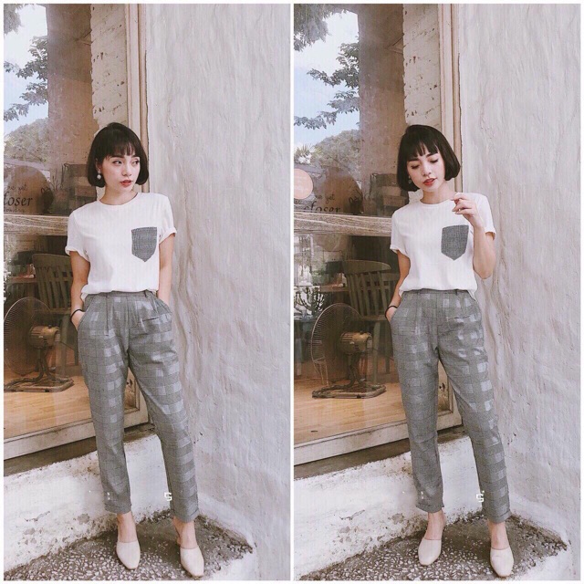 Set quần caro + áo pull trắng