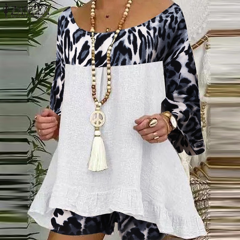 Bộ áo ZANZEA tay 3/4 in họa tiết da báo phối quần ngắn thời trang cho nữ