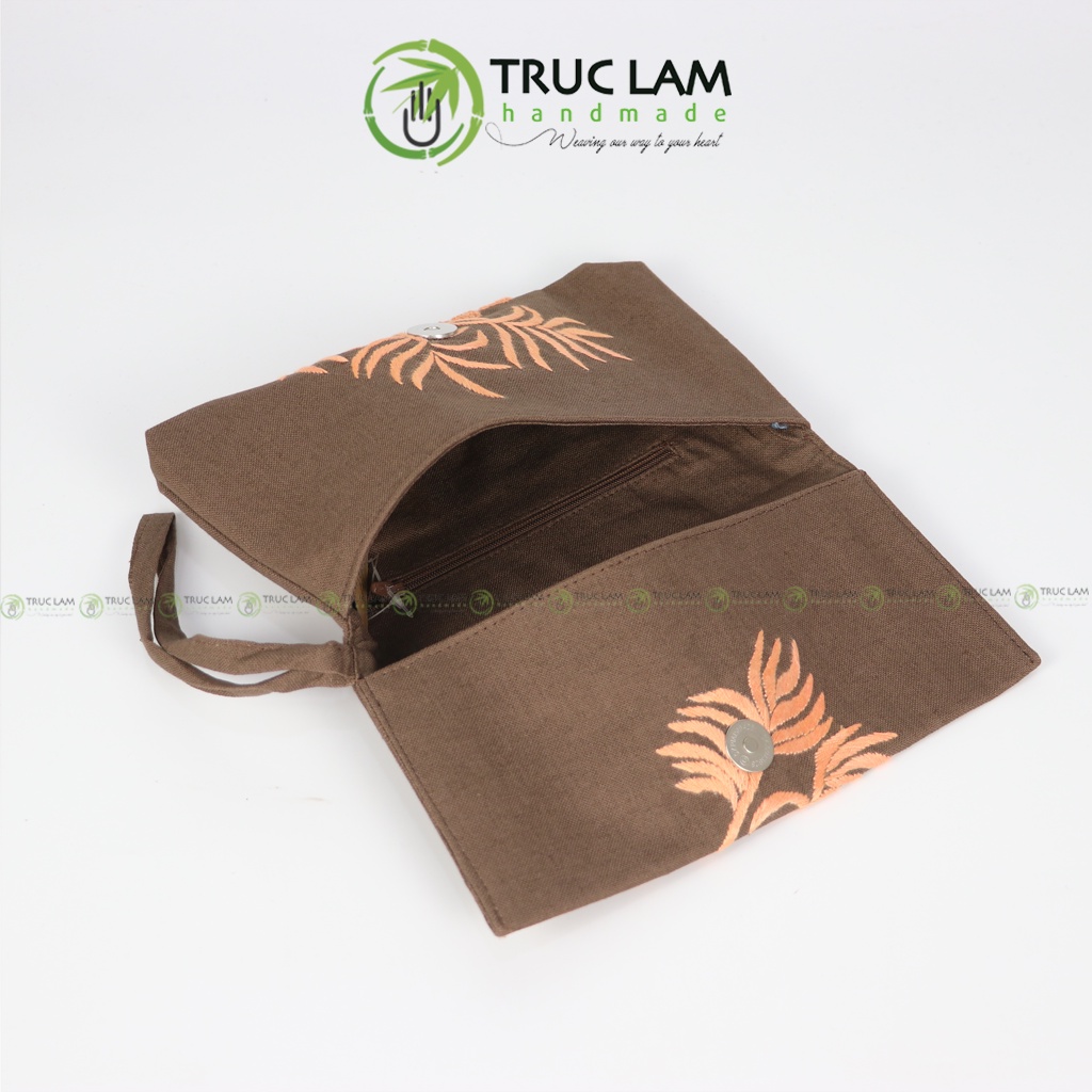 Ví Dài Cầm Tay Nữ Vải Linen Thêu Tay Họa Tiết Lá Liễu Hoa Cúc - Trúc Lâm Handmade