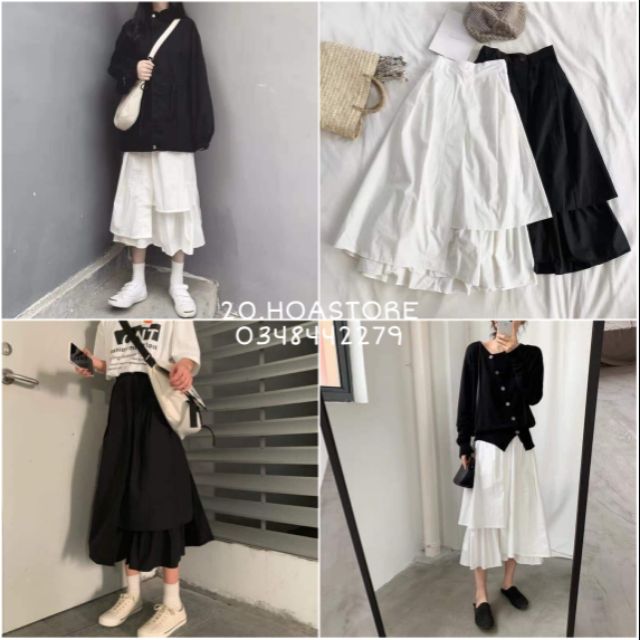 CHÂN VÁY ULAZZANG TẦNG DÁNG DÀI XÒE NỮ ĐEN TRẮNG | BigBuy360 - bigbuy360.vn