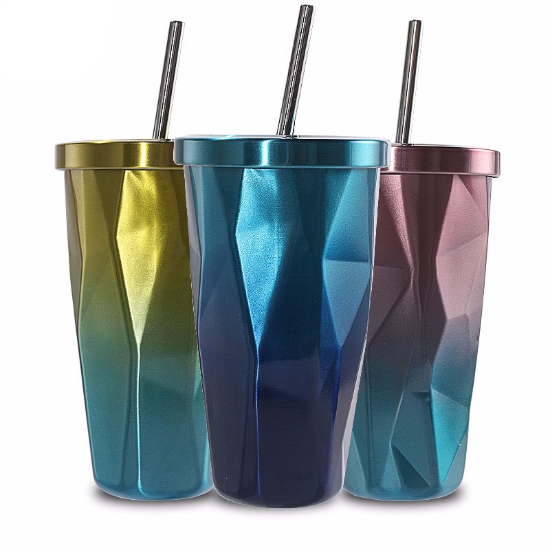 Stainless Steel Tumbler with Straw Double Wall 500ML (Pink + blue)