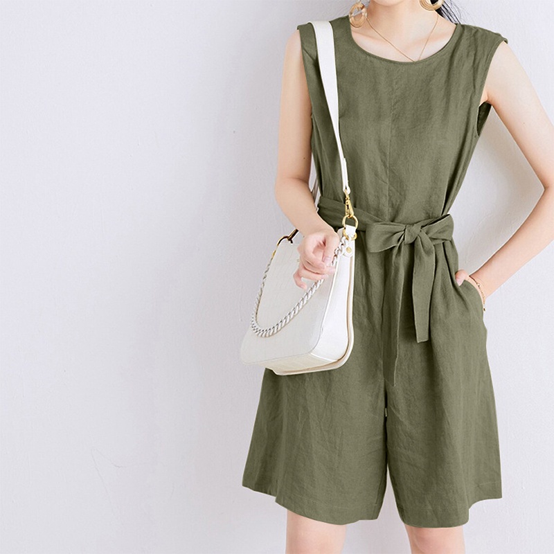 Áo liền quần ZANZEA không tay màu trơn có túi và thắt lưng thời trang dành cho nữ