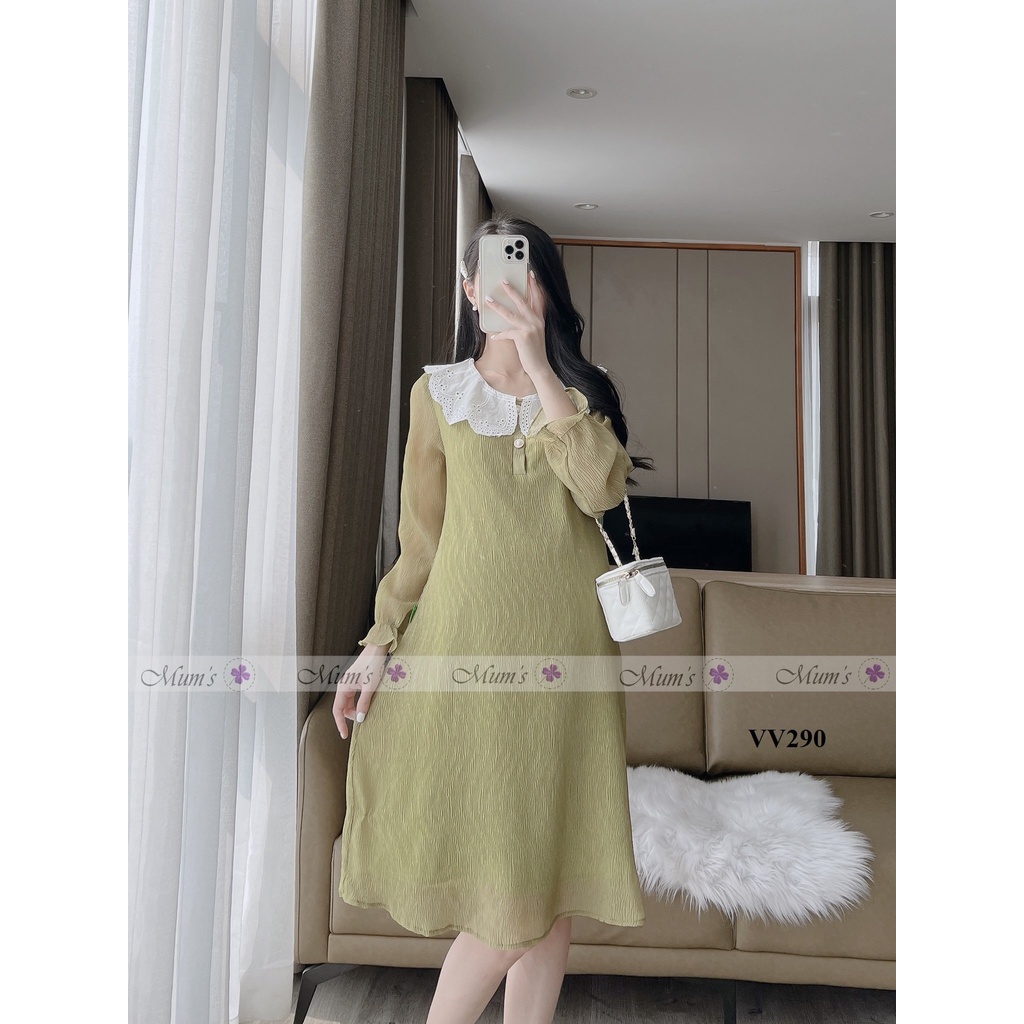 ĐẦM BẦU CÔNG SỞ MUM'S SHOP  FREESHIP  Váy bầu xinh -Dập xanh bơ cổ ren