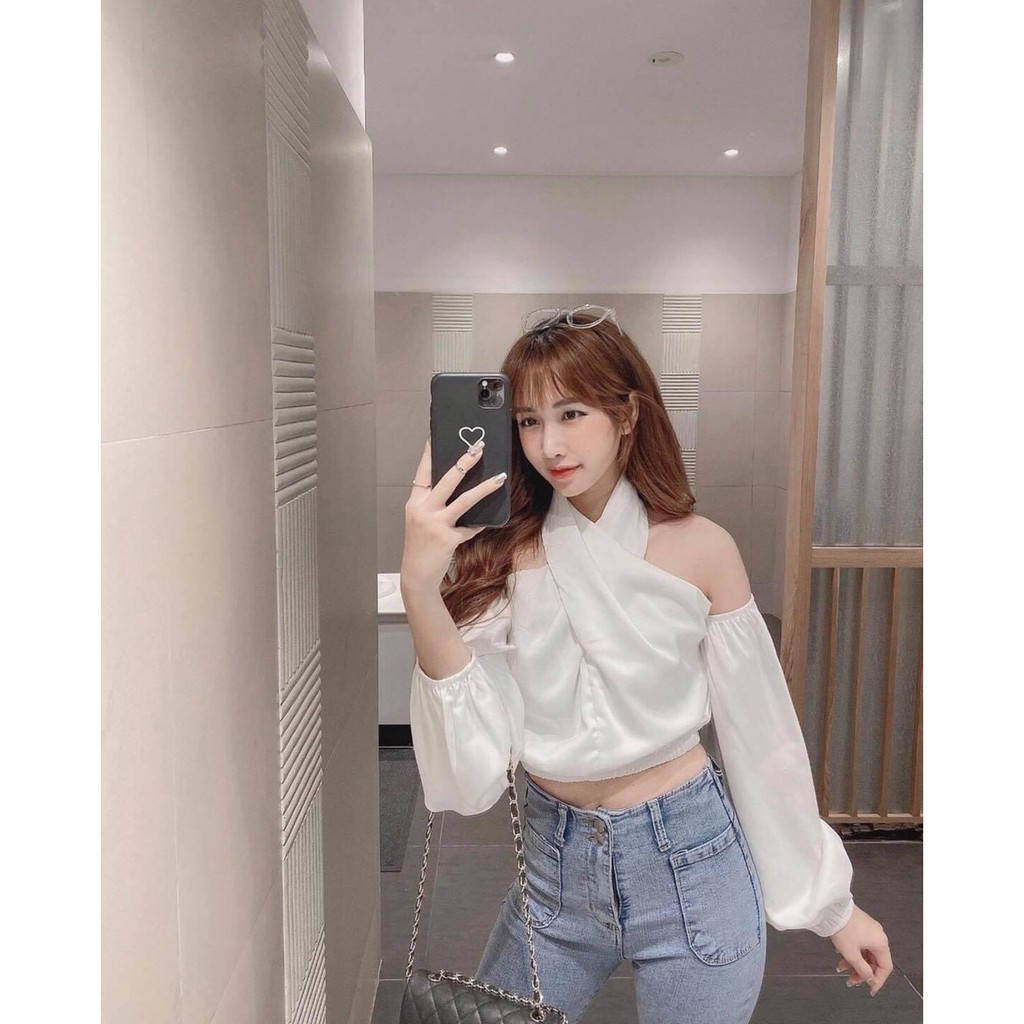 ÁO HỞ VAI <freeship> ÁO NỮ HỞ VAI CROPTOP CỔ CHÉO SIÊU XINH, ÁO LỤA KHÔNG NHĂN ĐEN/TRẮNG💗ÁO CỔ YẾM💗 CROPTOP XINH