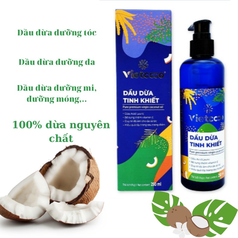 Dầu Dừa Vietcoco Organic Dưỡng Tóc Và Da 100% Tinh Khiết Ép Lạnh Chai Vòi Nhấn 250ml