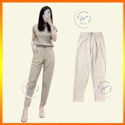 Quần Baggy Nữ Ống Suông Chất Dạ Giữ Nhiệt Lưng Cạp Chun 1 Cúc Phong Cách Hàn Quốc Hanva