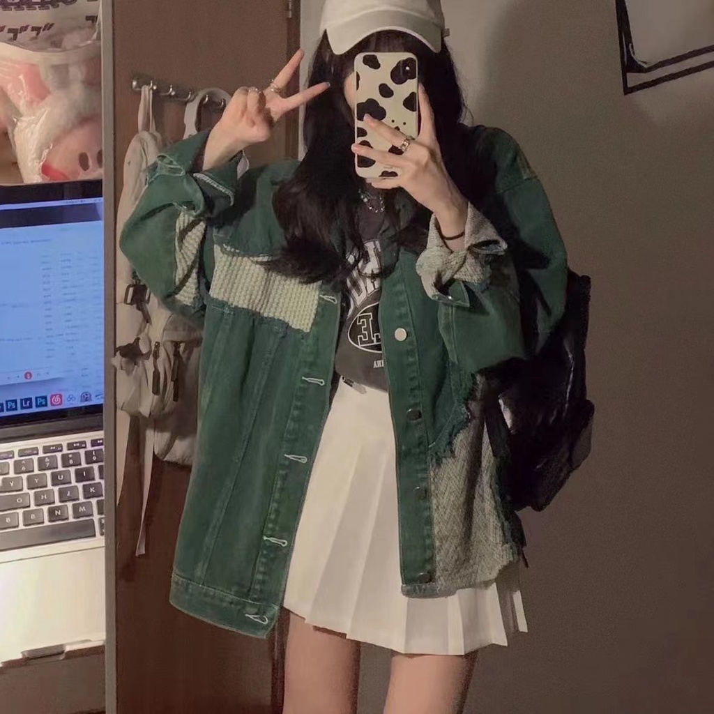 Jiashucheng Áo Khoác Denim Khâu Dáng Ôm Phong Cách Retro Mỹ Dành Cho Nữ