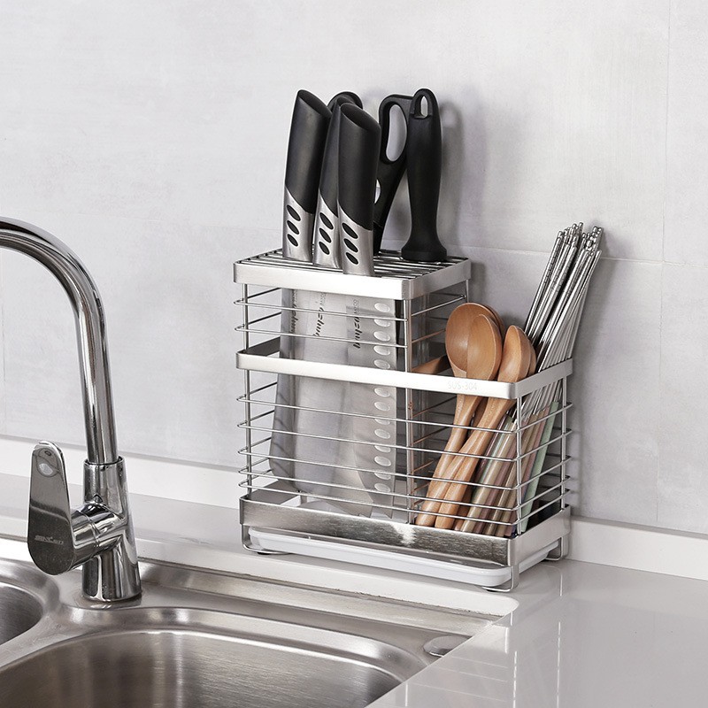 ( Hàng Cao Cấp ) Kệ Để Dao ,  Ống Đựng Đũa INOX SUS304 Phay Xước Có Khay Nhựa Hứng Nước ABS Màu Trắng
