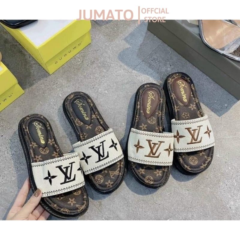Dép lê nữ quai ngang đế bánh mỳ 3cm quai da thêu LV bền đẹp JUMATO G2.015.DE.35