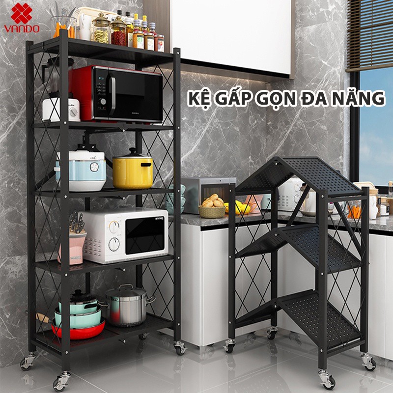 Kệ sắt để đồ đa năng gấp gọn VANDO - Kệ gia dụng không gỉ sơn tĩnh điện có bánh xe tiện lợi