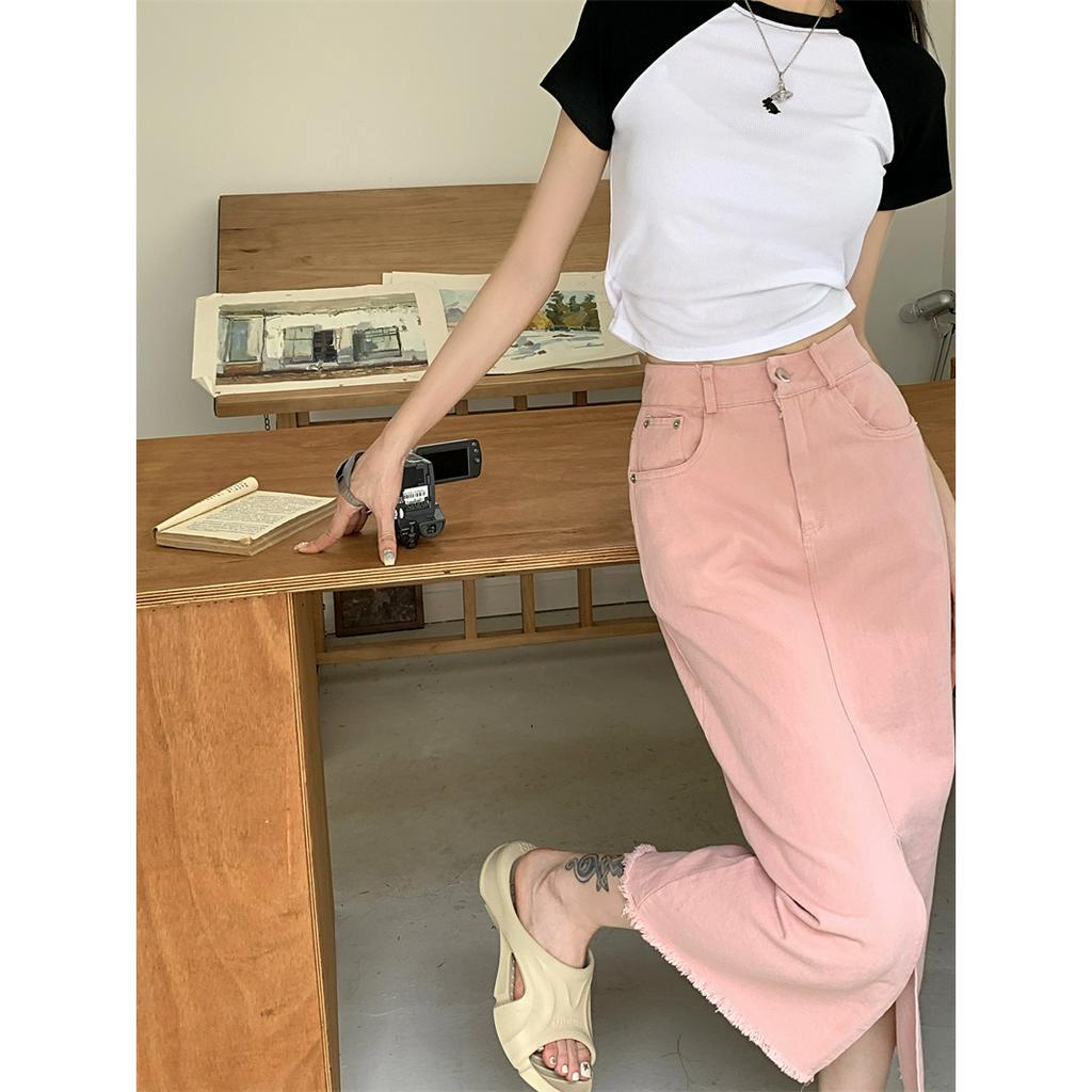 Chân váy jean Hồng Lưng Cao Dáng Rộng Xẻ Tà Thời Trang Mùa Hè Hàng Mới Dành Cho Bạn Nữ