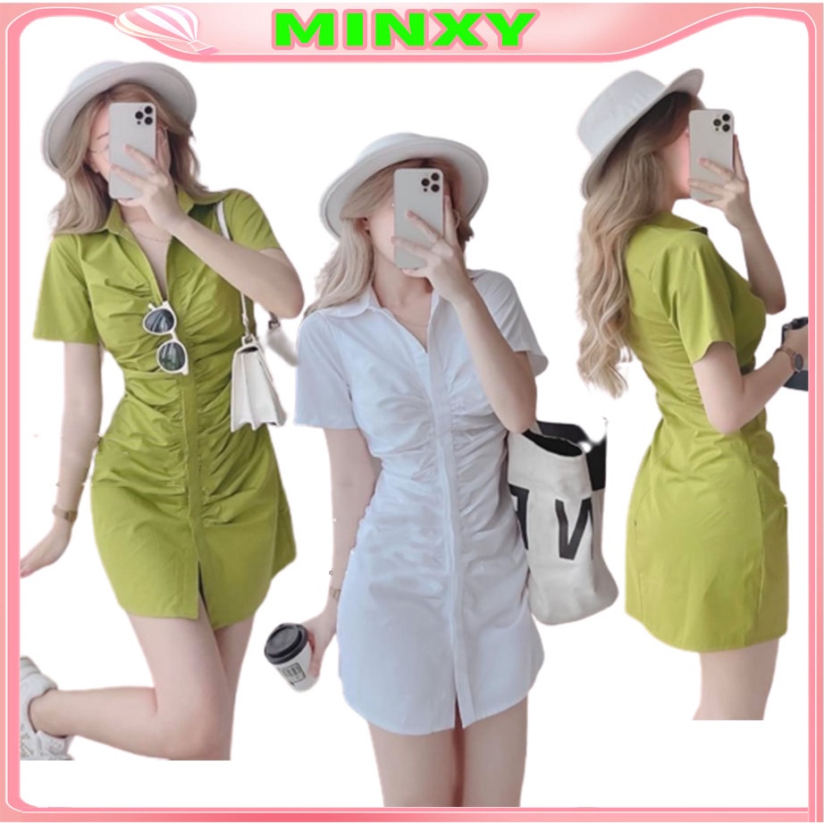 Váy sơ mi dúm trước đầm nhún cổ somi 2 màu -MINXY SHOP