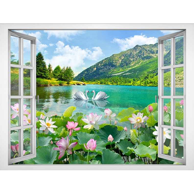 Tranh dán tường cửa sổ 3D cảnh hồ sen VTC VT0091 kim sa