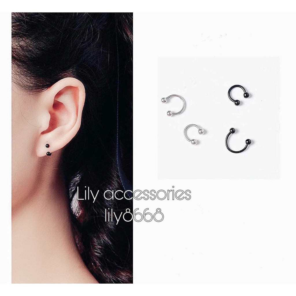 U-SHAPED Marbles Earring khuyên tai titan chữ U 2 đầu bi vặn không gỉ không đen không dị ứng nam nữ(loại mỏng)