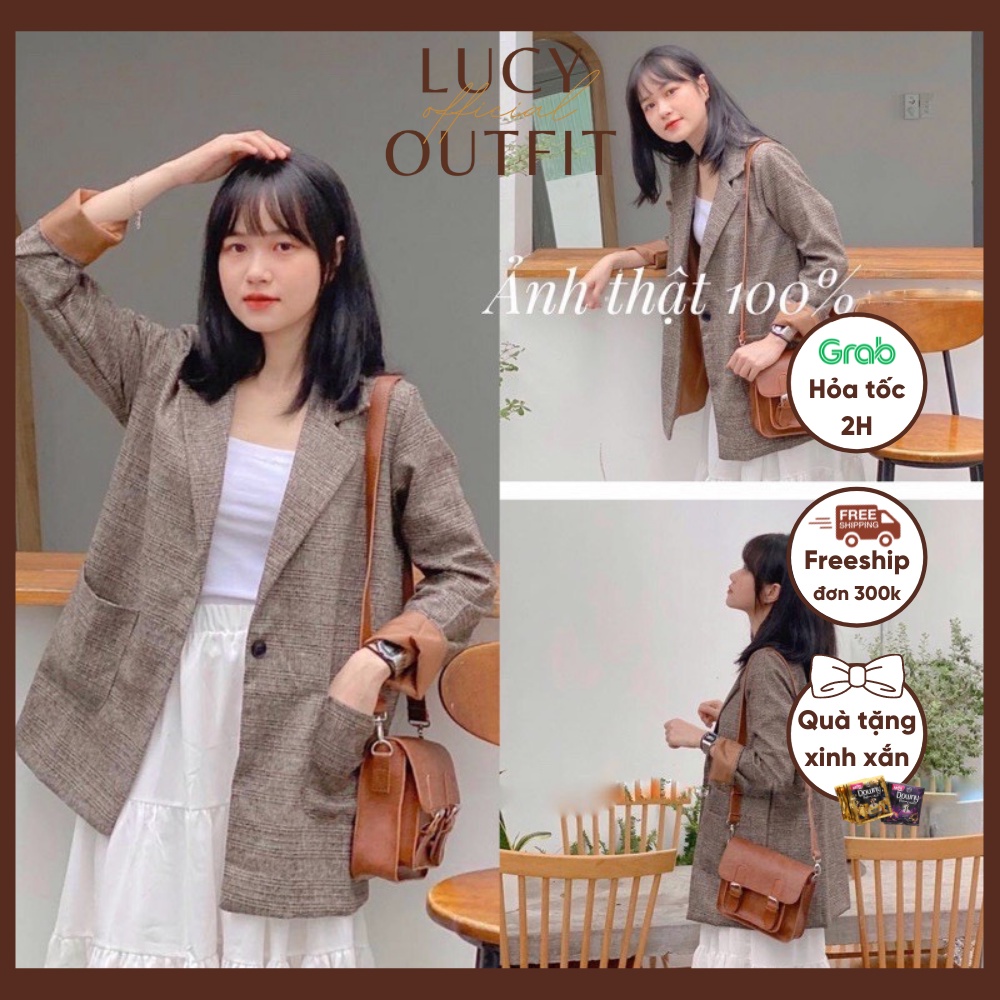 Áo khoác blazer túi hộp kẻ 2 màu Lucy Outfit thiết kế Áo vest kẻ nâu kẻ xám hottrend Hàn Quốc