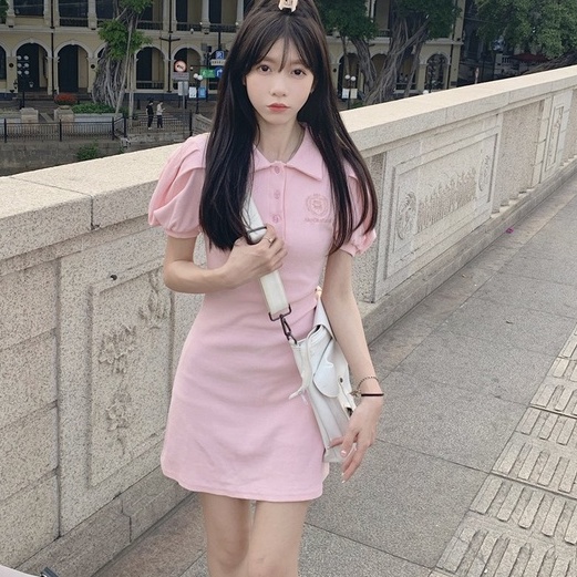 Đầm ZHELIHANGFEI tay ngắn cổ polo màu hồng dáng ôm thời trang mùa hè xinh xắn dễ thương cho nữ