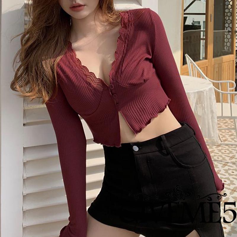 Áo Crop Top Tay Dài Cổ Chữ V Phối Ren Thời Trang Cho Nữ