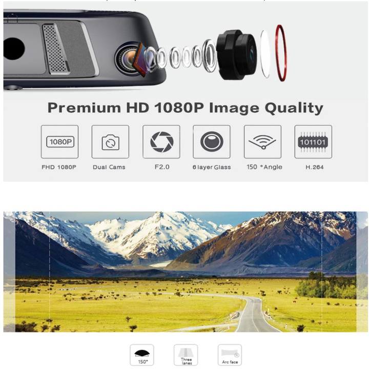 Camera hành trình ô tô gắn gương 360 độ Whexune V9 Plus, LCD IPS 10 inch, Ram 2GB, Rom 32GB, android 5.1