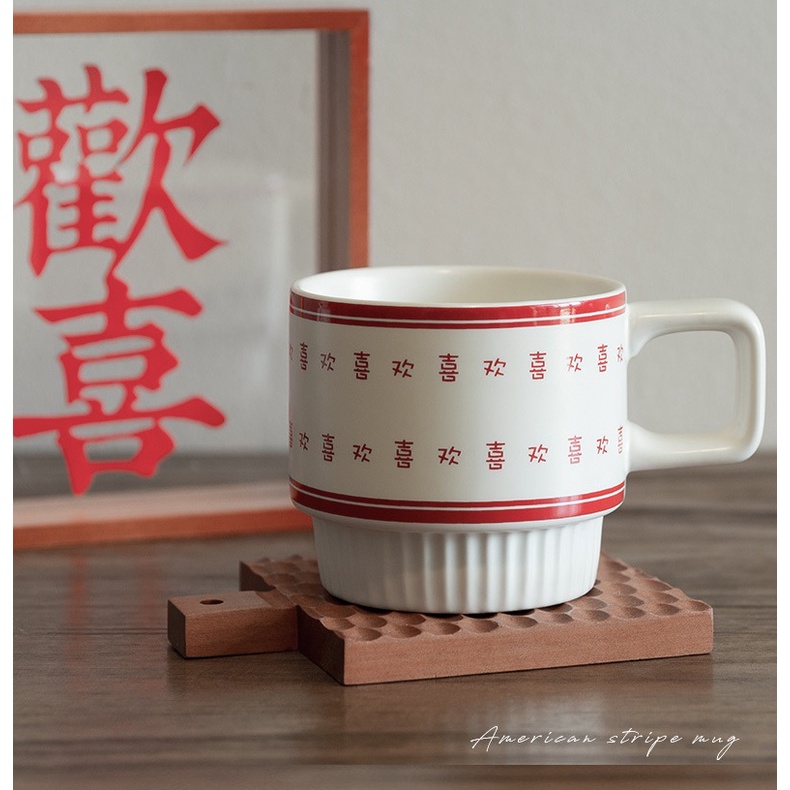 Cốc sứ cao cấp uống trà, cafe 320ml in chữ hỷ quà mừng đám cưới