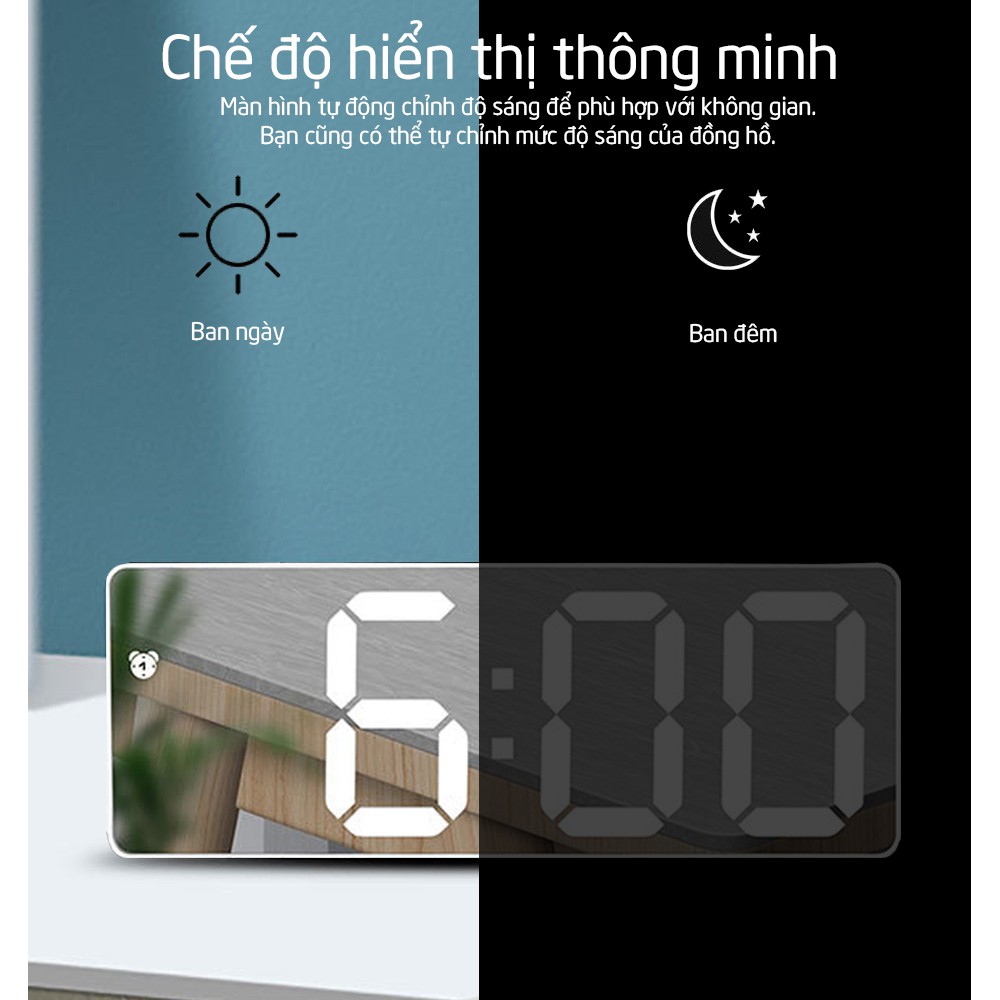 Đồng hồ led để bàn màn gương, hiển thị thời gian, nhiệt độ, chuông báo thức, cảm biến tự động mã G0712