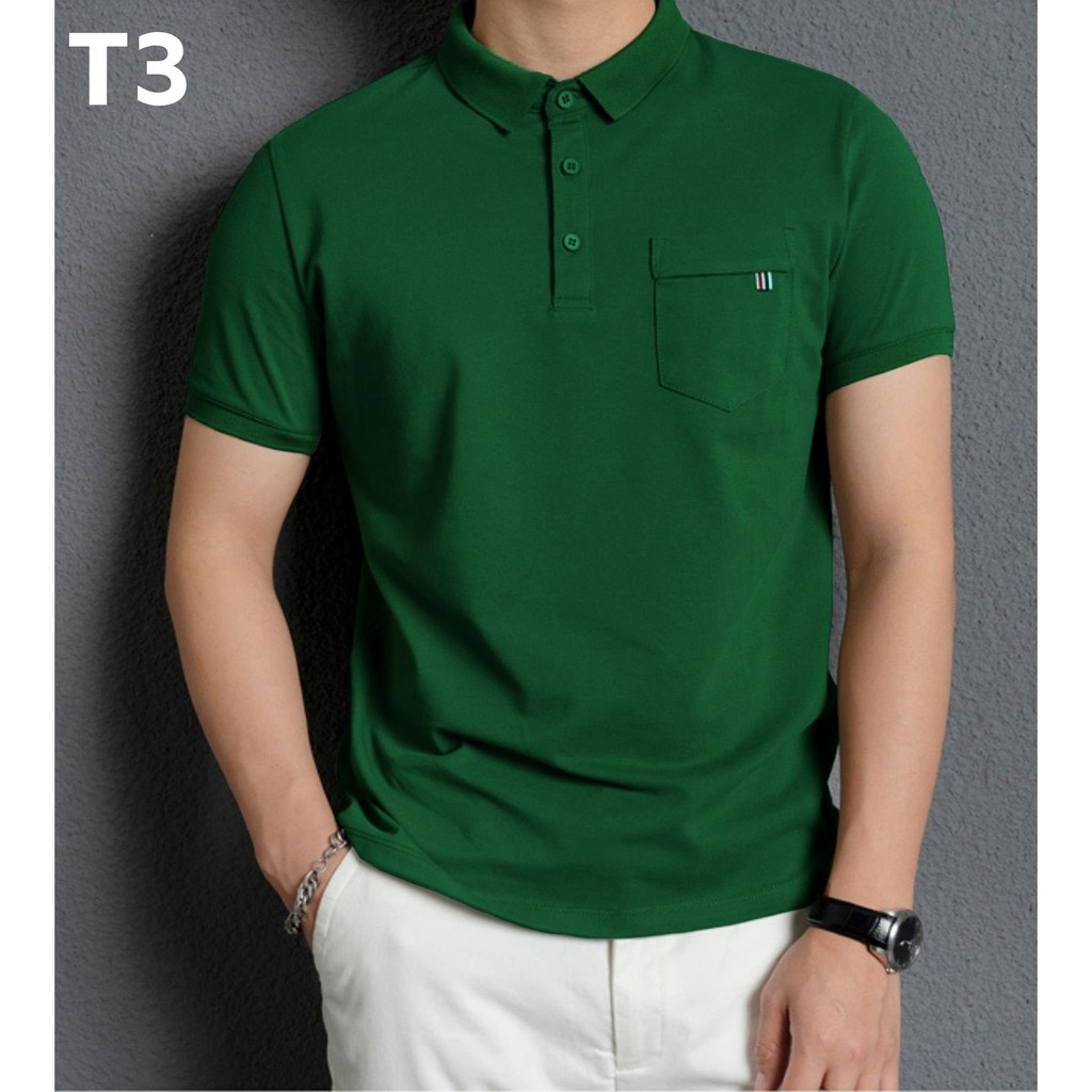 Áo Polo nam túi ngực cổ bẻ ngắn tay phom rộng dáng suông vải cá sấu 4 màu