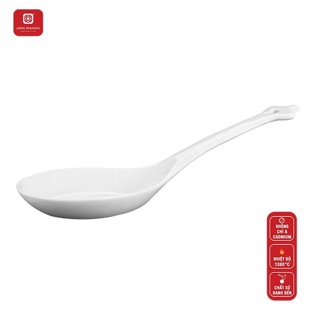 Muôi thẳng Long Phương bằng sứ trắng dài 22cm dùng canh cho gia đình và nhà hàng