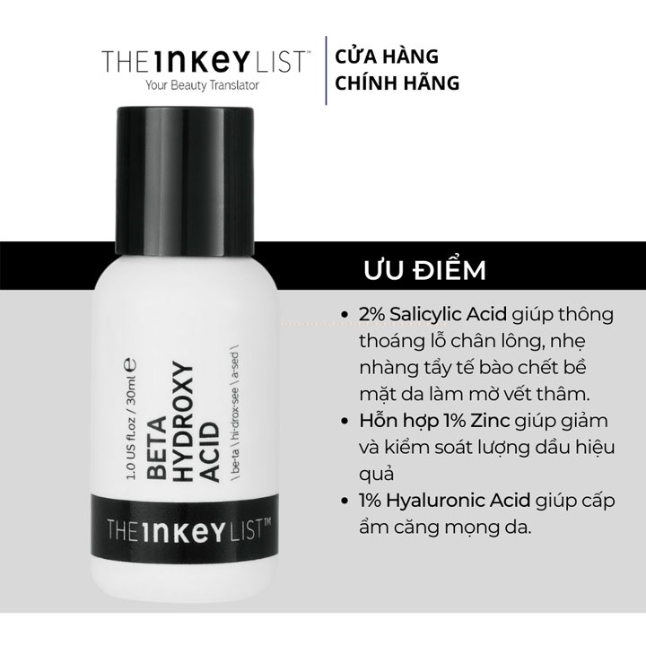 Tẩy da chết hoá học, serum giảm mụn kiềm dầu mờ thâmn The Inkey List Beta Hydroxy Acid Exfoliant 2%