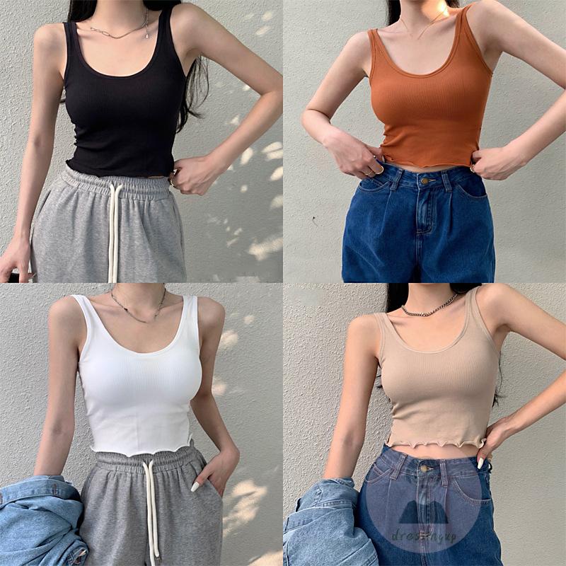 DRE-Women Casual Solid Color Camisole, Low Cut Sleeveless Crop Tops for Summer , Women Clothing